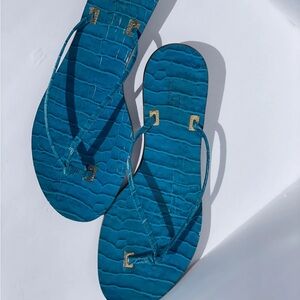 Ralph Lauren Turquoise Leather Croco Embossed Thong Sandals